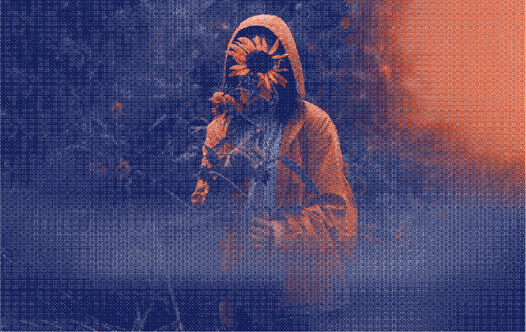 Personne cachée par un tournesol symbolisant la stigmatisation des règles et la honte associée - Marguerite & Cie