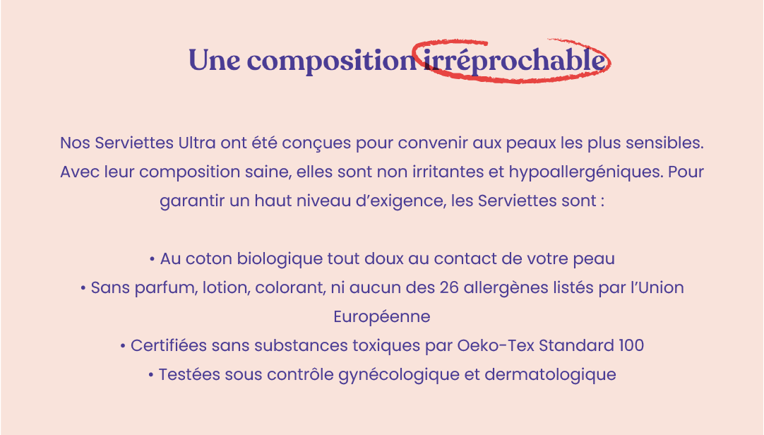 texte expliquant la composition irréprochable des serviettes périodiques